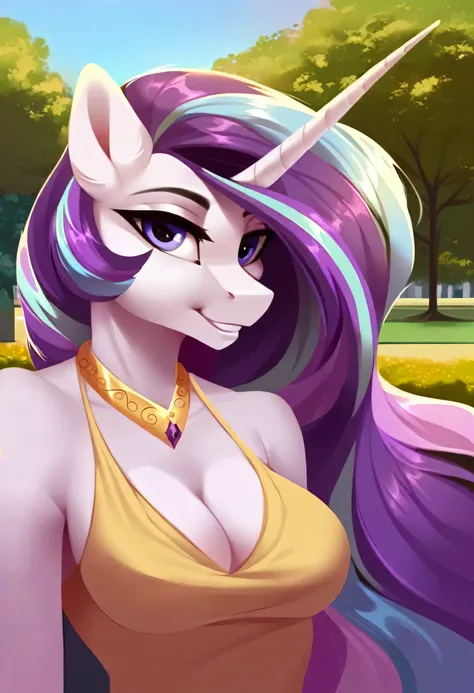 (score_9), (source_pony), (solo), ((anthro princess celestia fusion merged with starlight glimmer:1.1)), park, looking at you, cleavage, sexy, sexy clothing, sensual, looking at viewer, masterpiece, high resolution, half body, (high detail shading), DeepNe...