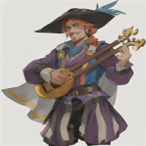 a cartoon image of a man in a pirate costume playing a guitar, male bard, smirking male bard, a human bard, bard, swashbuckler class pirate, official character art, taran fiddler, bard jester character sheet, rogue bard, tiefling bard, guybrush threepwood,...