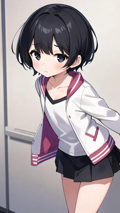 Black hair, short cut, kind face, modest personality, round head, sagging eyes, droopy eyes, girl, elementary school student, a little thin, jacket too big, white jacket, white T-shirt, pink miniskirt, black hair, bangs A little short, black eyes,flat ches...