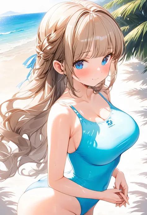 (SuperQuality:1.0) ~ (SuperQuality:1.2), A shy yet affectionate girl, (petite fram:1.5), Semi long and soft wavy hair, light brown hair, ribbon tied on the side, casual clothes , large gentle amber eyes, deep blue eyes, soft oval face with slightly rounded...