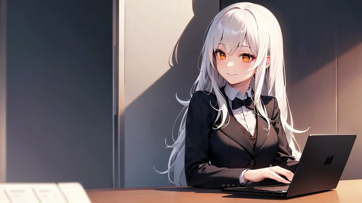 Best Quality, 8k, 4K, High resolution, (Beautifully detailed face), High Contrast,One person,only, Long Hair,White Hair, Beautiful orange eyes,Upper Eye, A happy look, Moderate bust, suit, Nice background, Business Space, Laptop