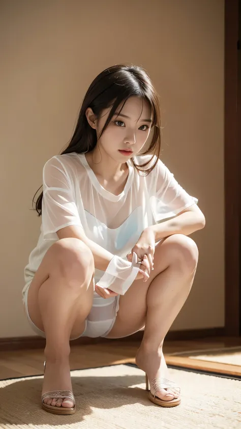 Photo of an Asian girl, squatting, showing off her underwear, wearing a see-through shirt, a see-through smooth silk shirt, a shirt with holes where skin can be seen. 8K photo, super sharp, super resolution, sunlight shines clearly on the girls body.