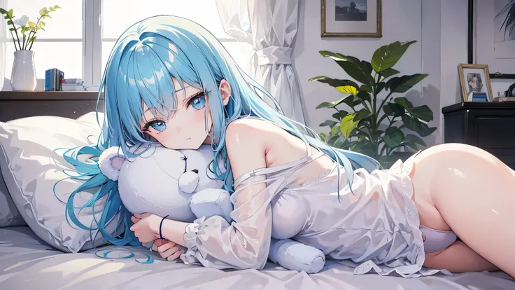 A girl with soft pastel colored hair and clothes、Lying in bed hugging a white teddy bear。In the background, the cityscape spreads out through the window.、There are ornamental plants in the room。The girl looks a little sad、Relaxing on a soft futon。The overa...