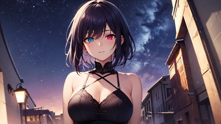 Best Quality, 8k, 4K, High resolution, (Beautifully detailed face), High Contrast,One person,only,Short Hair,Dark purple hair,Heterochromia iridis(Red eyes,blue eyes),Upper Eye,Large Breasts, Nice background, Night Sky, Standing