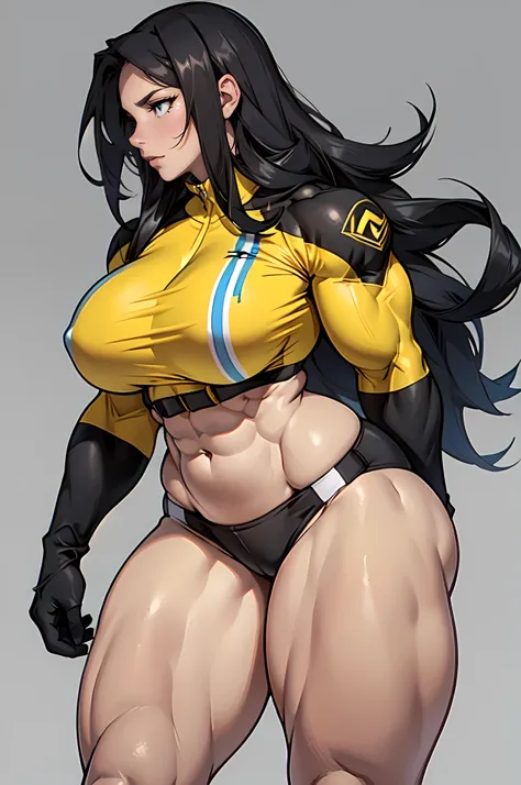 (((1girl MASSIVE FEMALE BODYBUILDER))) pale skin black hair very long hair yellow eyes long abs (curvy wide hips thick thighs HUGE BREASTS grey background)