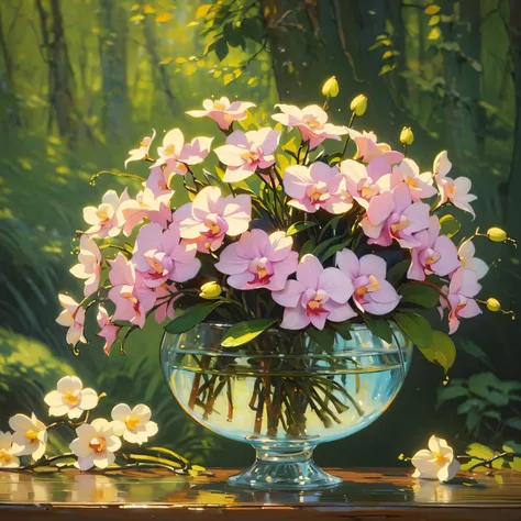 ((Best Quality, 8K, Masterpiece: 1.3)), oil painting still life, illustration of a soft-focus image of orchids with a few flowers in sharp detail and the rest blurred in the background.