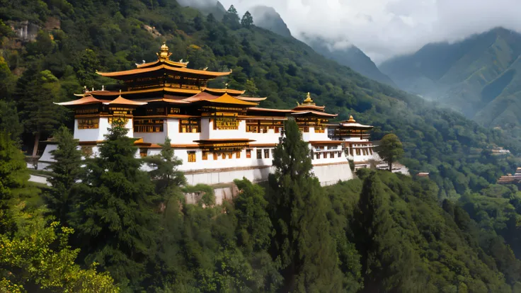 Lama Temple Lama Temple Bhutan cloudy foggy cliff steep looking up dim