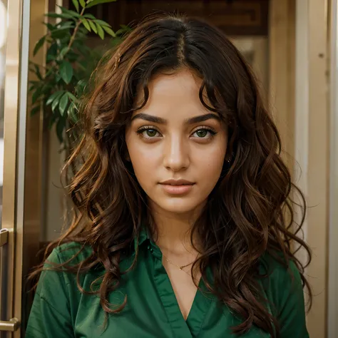 Arab woman with curly hair and green eyes