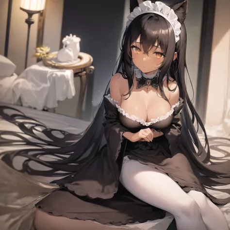 Anime-style depiction of a chocolate dark-skinned female with cat ears, dressed in a classic black and white maid outfit with delicate lace details. She has amber-colored eyes and neatly styled black hair with a small white headband. The scene is set insid...