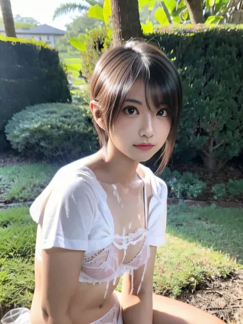 20 year old Japanese beauty，One woman、Muscular body like a bodybuilder、Emphasize the breasts、White T-shirt、Pink underwear is visible、Slit eyes、A head-to-toe view，Bust is very very large、The background is Yakushima、High quality photos、Clear, crisp images of...