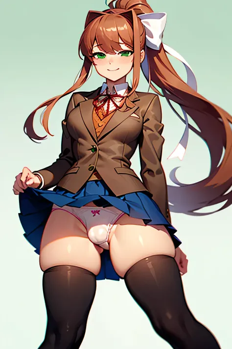 (detailed), 1girl, ((Doki Doki literature Club Artstyle)), ((Perfect Anatomy)), monika (doki doki literature club), female, ddlcmonika, blunt bangs, brown hair, (green eyes:1.5), long hair, ponytail, ribbon, white ribbon, white bow, hair ribbon, sidelocks,...