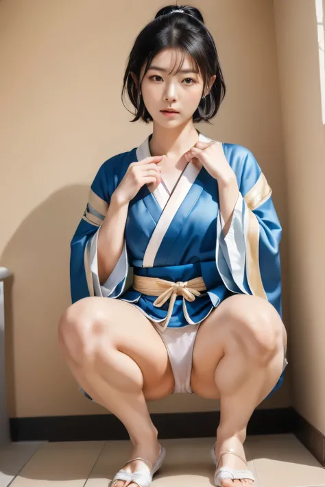 (Practical, photo-Practical, Best quality, masterpiece), Intricate details, Extremely detailed, (Frontal photography, For the audience), Solitary, A Japanese woman, (Half squat with legs spread:1.5), Black Hair, Short Bob Hairstyle, Pale skin, Delicate fac...