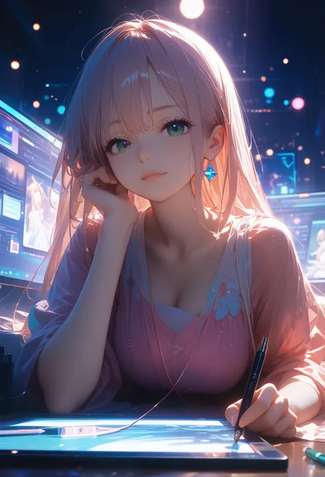 Anime Girl Beauty, ideal anatomy, Bright, sexy,Pen in Hand and Tablet, sits at the monitor, neon light falls on her beautiful face, There are Small Objects on the table, Full Detailing, masterpiece, bright colors, score_9, score_8_up, score_7_up, dramatic ...