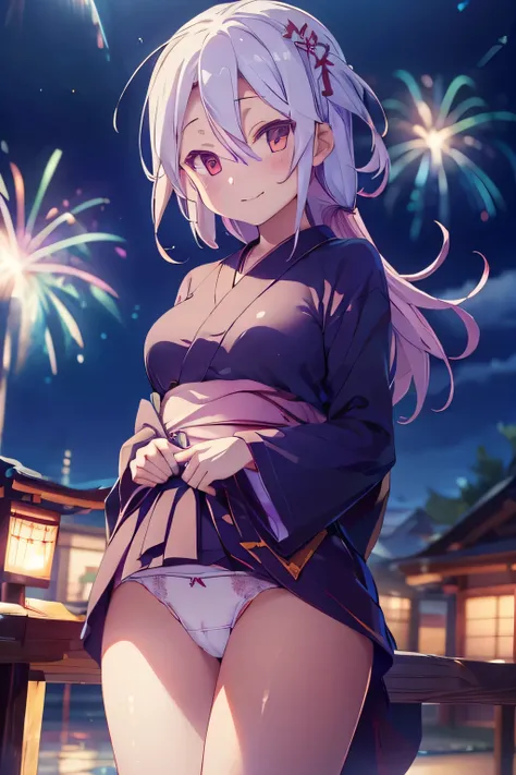 (Very detailed CG Unity 8k 壁紙),(masterpiece), (Best Quality), (Very detailed), (Best illustrations),(Best Shadow), (Camel Toe 1.2)、(Shiny white panties 1.2)、smile、Dynamic Angle、The light hits her and her panties shine、Japanese Yukata、firework、stall、Summer ...