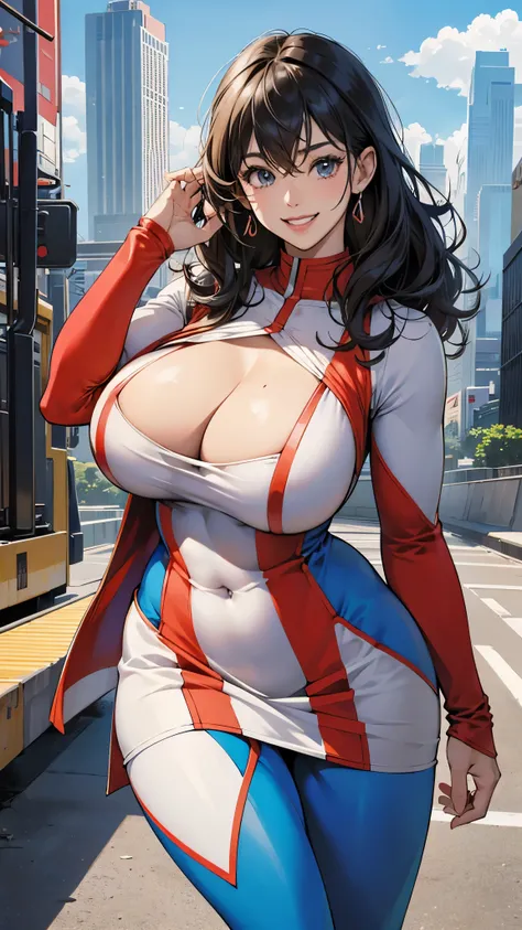 on the tokusatsu film set，stands amidst the skyscrapers，mischievous grin，dress like Ultraman，messy curly hair，plump grithy bulky big natural voluptuous huge perky well-endowed firm and round breasts，toned physique acctentuated by the Ultraman costume，