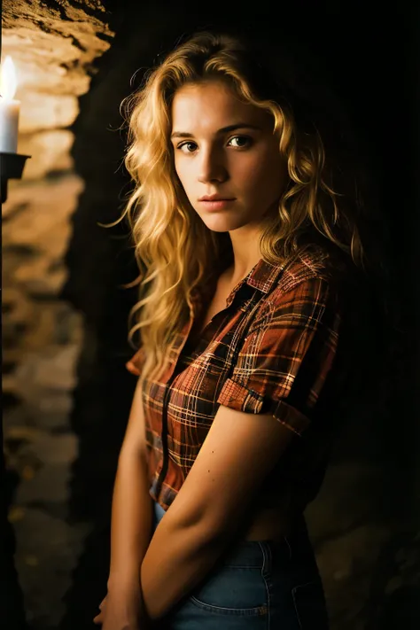 Photos of women, (Troubled expression), Textured Skin, Goosebumps, Blonde curly hair, Plaid flannel shirt with ripped boyfriend jeans, Cowboy shooting, Mysterious dark cave,With unique rock formations and hidden wonders, Perfect eyes, (Candlelight,Chiarosc...