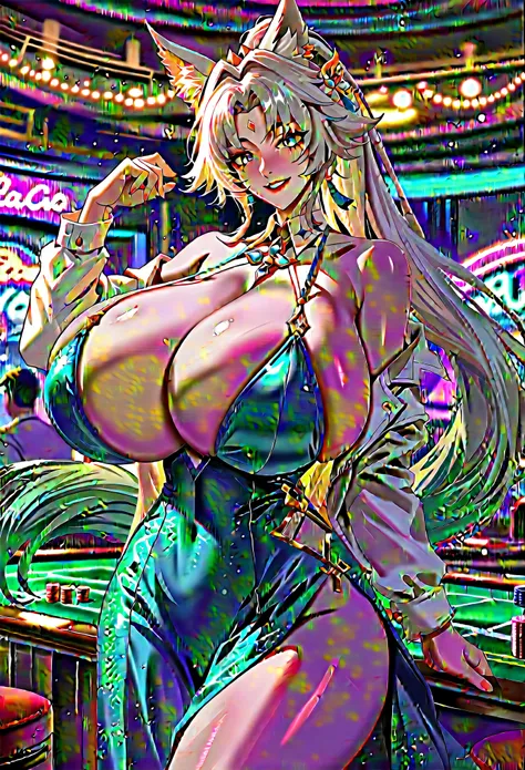 An anime-style artwork depicting Feixiao from the game star rail Tags: Feixiao, anime, detailed eyes, detailed lips, (skimpy dress:1.4), bare shoulders, , (cleavage),animal ears, long hair, ponytail, gradient hair, white hair, blue eyes, forehead jewel, ea...