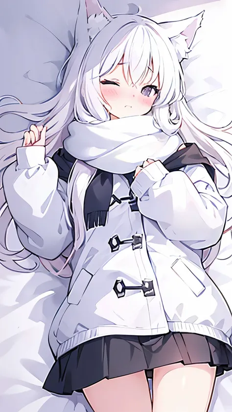 Cute anime girl, white long hair, fluffy cat ears, white skin, black eyes, winter scarf, white beret, plain white winter jacket, white short skirt, exposed thighs, exposed legs, plump skin, blushing, one eye closed, laying in bed