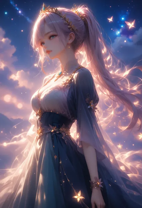 anime girl, in Ordinary Clothes everyday Beautifully Dressed, Long Hair Ponytail, Looks at the Stars, which are very bright and beautiful, The sky sparkles, night, Very Beautiful Stardust Sparkles Like Fog, Beautiful views, bright colors, masterpiece,  cor...