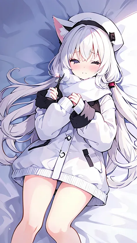 cute anime girl, white long hair, fluffy cat ears, white skin, black eyes, winter scarf, white beret, plain white winter jacket,...