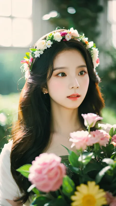 portrait, dreamy, soft focus, vintage, flowers, flower bouquet, flower crown, kim jisoo