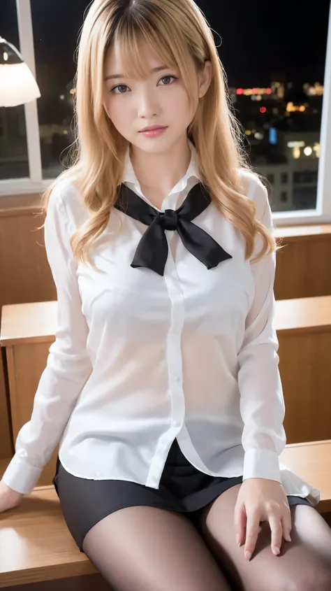 Blonde wavy hair with bangs sexy Plump Large Breasts Chinese Idol 50 years old Big Breasts Bright red lips Blushed ((Ultra-glossy white silk shirt)) Shiny black tight skirt Black Stockings ((Cross-legged on a desk in a muggy office at night)) Portraiture (...