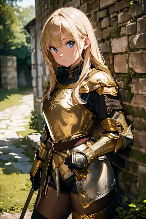 (masterpiece), best quality, expressive eyes, perfect face, 1girl, knight, gold armour, white shirt, black shorts, white pantyho...