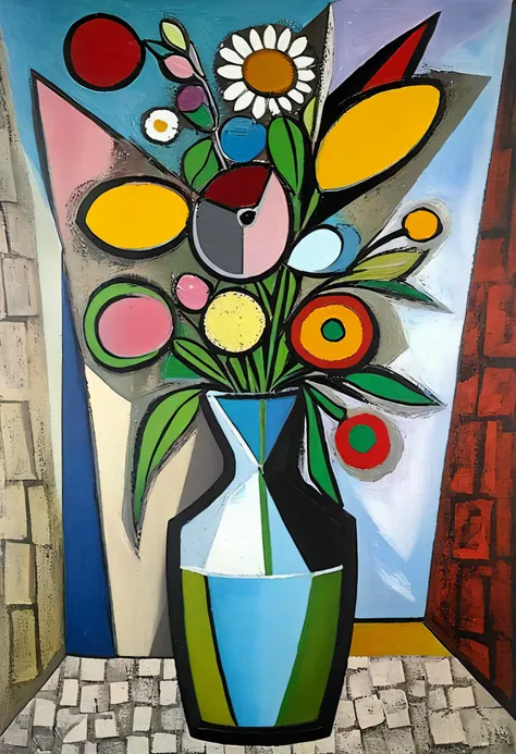 Surrealism and Cubist abstract mixed media art, bouquet in one vase, top quality, masterpiece, high image quality