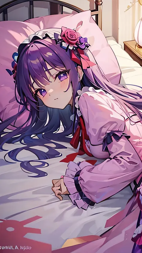 after struggling to put on her purple lolita outfit, the girl was now lying on the bed panting.