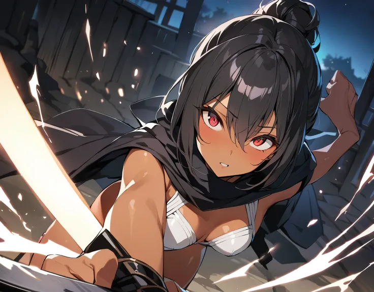 ((masterpiece,best quality anime,Highest quality:1.3)),(2 beauty),Female ninja,1young_teen_girl,solo,((tiny body:1.3)),black hair,bangs,(long ponytail hair),gorgeous big eyes,red eyes,((tan skin:1.5)),(black high neck sleeveless,white_leotard、tiny_thighs,b...