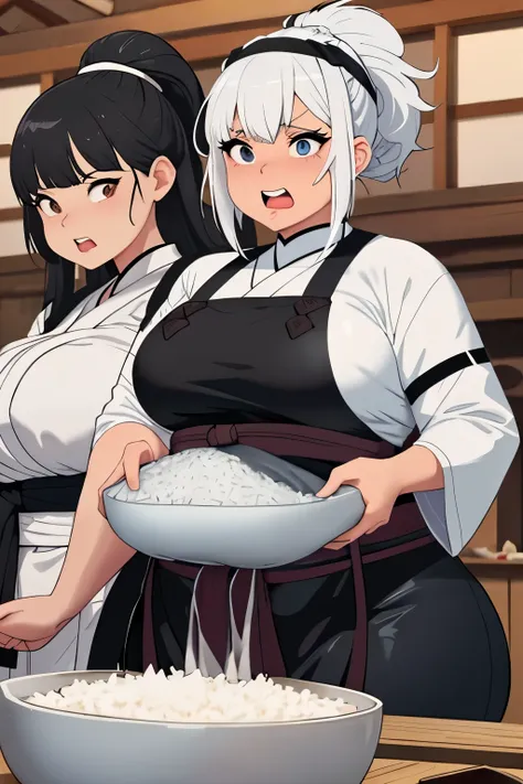 2girls, chubby sumo girl with black eyes and black square haircut and fat sumo sensei girl with white hair and blue eyes devour rice from floor of rice, gluttony and horny face expression, large medieval Japanese rice storage full of mountains of rice, tig...