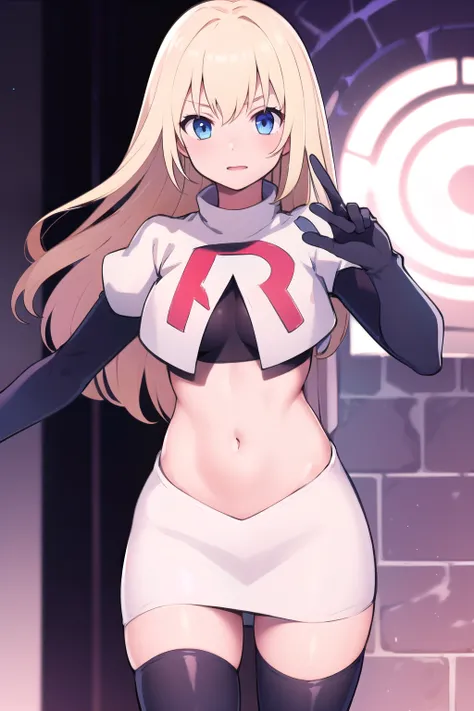 1girl, solo,
colette brunel, long hair, team rocket,team rocket uniform,white skirt,red letter R,crop top,black thigh-highs,black elbow gloves