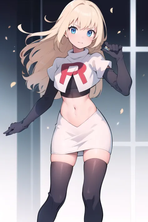 1girl, solo,
colette brunel, long hair, team rocket,team rocket uniform,white skirt,red letter R,crop top,black thigh-highs,black elbow gloves