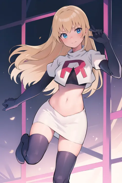 1girl, solo,
 colette brunel, long hair, team rocket,team rocket uniform,white skirt,red letter R,crop top,black thigh-highs,black elbow gloves