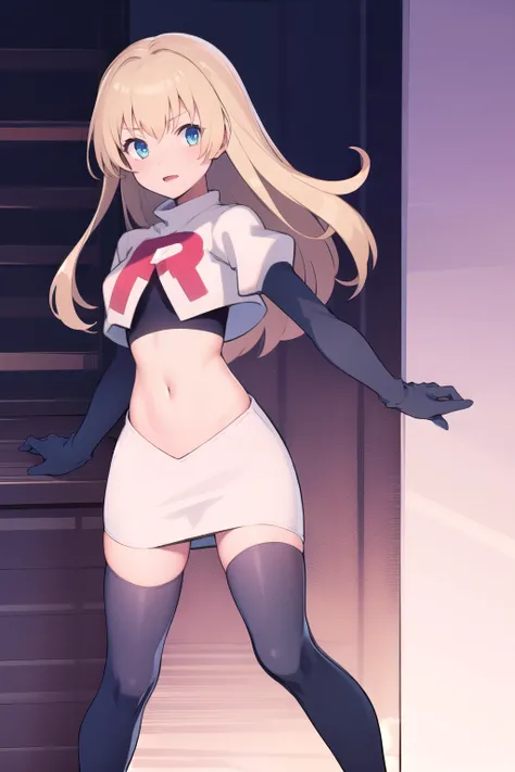 1girl, solo,
colette brunel, long hair, team rocket,team rocket uniform,white skirt,red letter R,crop top,black thigh-highs,black elbow gloves