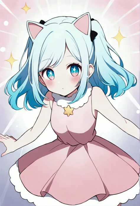 A girl with light blue hair, tall, very, very, very, very fluffy, and she wears a cat-shaped wig on her hair, two of them, and her eyes are very large and round, and she has a sparkle on her eye, and she wears a party dress in the style of the anime Oshi n...