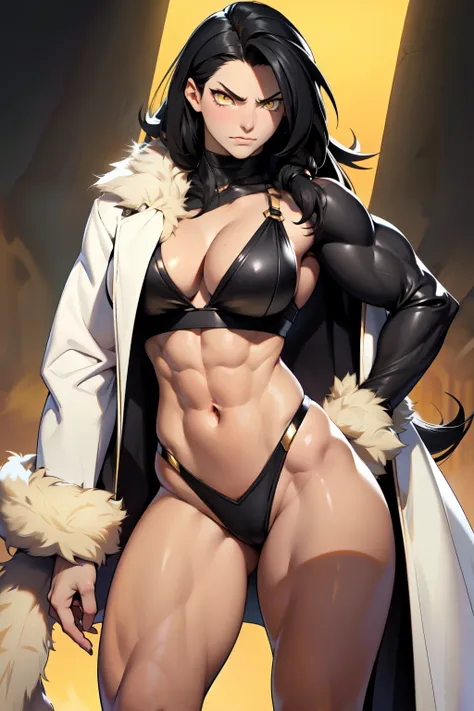 1girl black hair yellow eyes very long hair pale skin angry (((muscular toned body))) thick thighs large breasts curvy wide hips(fur coat) bodybuilder