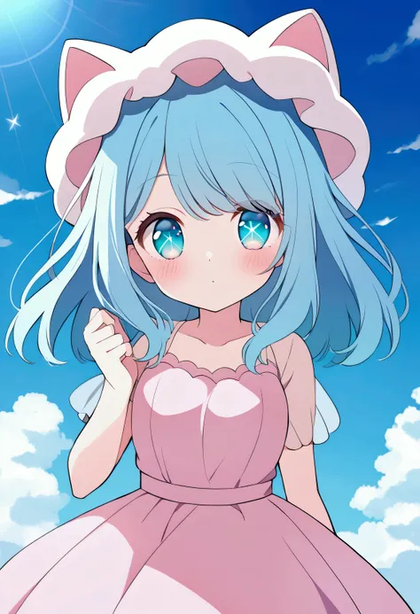 A girl with very light, fluffy, sky blue hair, wearing a cat-shaped wig on her hair, two of them, and her eyes are sky blue, very big and round, and she has a shine on her eye, and her eyes are a little pink underneath, and she is wearing a party dress in ...