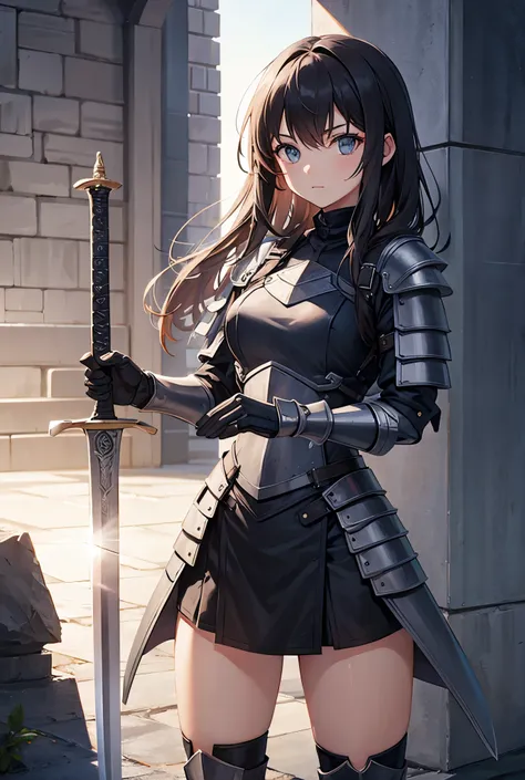 Girl in block armor holding a sword 