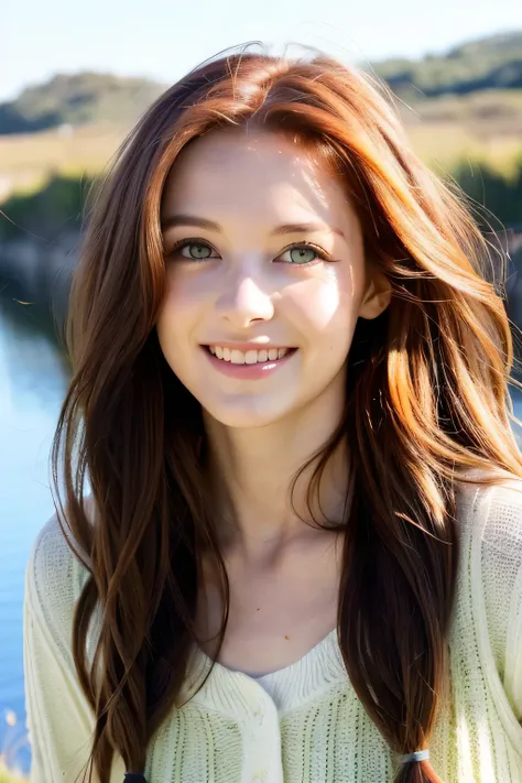 A beautiful girl with long wavy red hair, une espagnole avec un beau sourire. Je veux une personne qui paraît réelle. I want her to be white with green eyes. Je veux une personne de 30 ans. I want a beautiful sunny landscape in the background