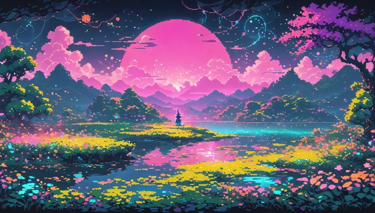 dark neon Magical Witch pixel ,nature ultrawide landscape, No people