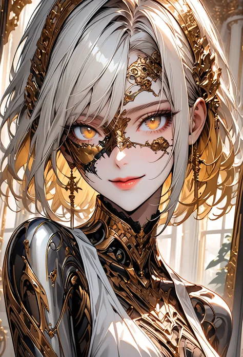 solo:1.4, feminine clockwork automaton, steel, brass, refined, gold accents, tall, slender, agile, deep-set eyes, golden eyes, lips, silver hair, gold hair, two-tone hair, simple metal headband, exhibition, luxurious, mansion, indoors, velvet, curtains, cl...