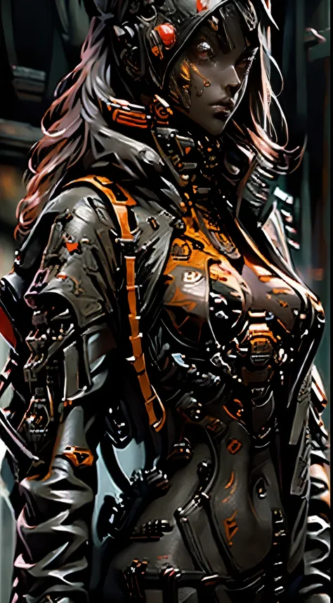 unreal engine:1.4,Ultra HD,the best quality:1.4, photorealistic:1.4, skin texture:1.4, masterpiece:1.8, 1 woman, Red mesh hair on black hair, Long hair, straight hair,  , Comic appearance，(apocalyptic city of fire),(cyberpunk:1.4),(the best quality,4K,high...