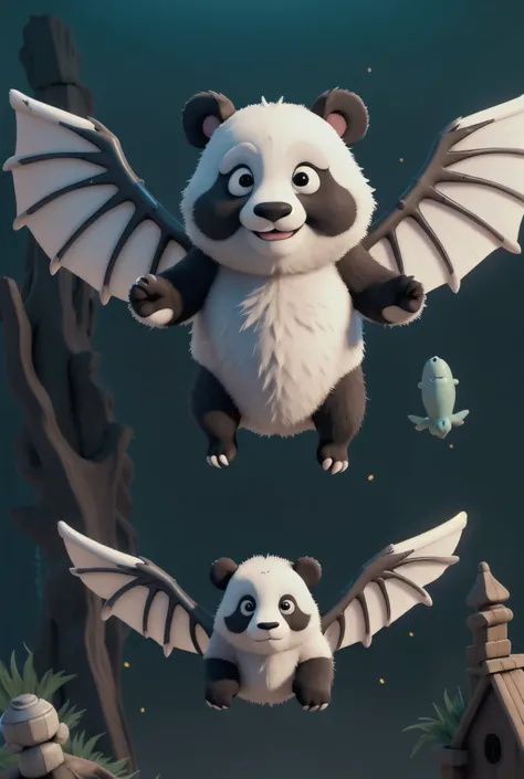 The panda has devil wings, flying in the sky.

