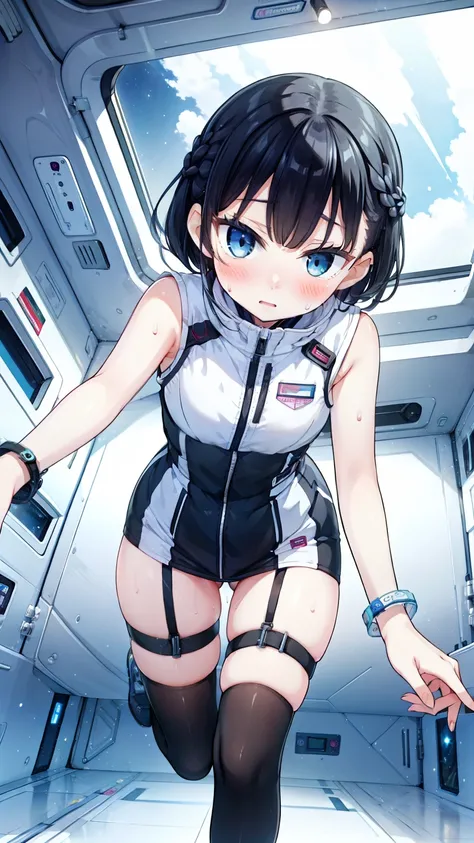 (Best Quality), (masterpiece), 1080P, High resolution, 4K, 8k, Inside the space station、Futuristic room、Thigh straps, Shooting from directly below, The woman on top of me, 白いsweat, Covered , sweat, Woman looking down, Skirt swimsuit, Thigh-high socks, To a...