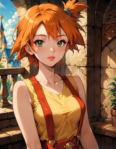 Dark Fantasy Art of score_9, score_8_up, score_7_up, rating_questionable, fantasy, lighting, epiCPhoto 1girl, very sexy (Misty_Pokemon), (short hair, orange hair, one side up hair, green eyes, medium breasts, skinny), (yellow sleeveless t-shirt, red suspen...