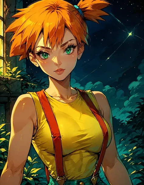 Dark Fantasy Art of score_9, score_8_up, score_7_up, rating_questionable, fantasy, lighting, epiCPhoto 1girl, mature woman, very sexy (Misty_Pokemon), (short hair, orange hair, one side up hair, green eyes, medium breasts, skinny), (yellow t-shirt, tight s...