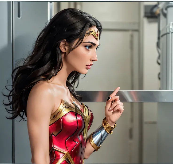 (best quality, masterpiece:1.2) 1girl woman in her 40 years, side view from side, black hair, blue eyes, wonderwoman as gal gadot, wearing golden tiara red wonderwoman clothes, metal background, realistic, lipstick, talking, metal bracelet, makeup, looking...