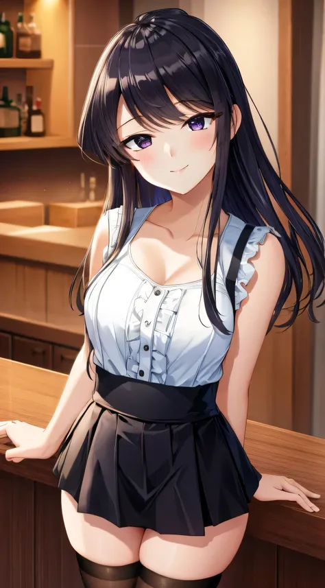 best quality, ultra-detailed, high resolution, extremely detailed CG, unity 8k wallpaper, super detailed skin, detailed, dynamic lighting, beautiful detailed eyes, komi shouko, 1girl, solo, looking at viewer, blush, seductive smile, white tank top, black s...