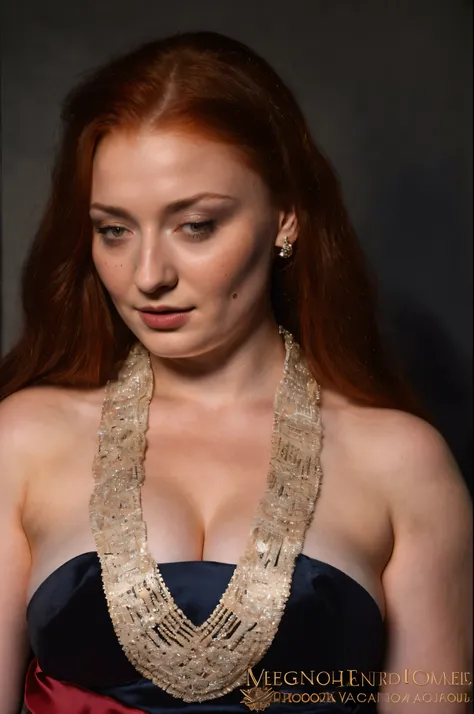 Face of Sophie Turner, Portrait of Sansa Stark, Sansa Stark played by Sophie Turner, the de facto Lady of the Eyrie, is a 5 mature queen with a stunning, alluring appearance, mommy figure, wide body, heavy figure, fleshy bulky figure, Full Face, Full figur...